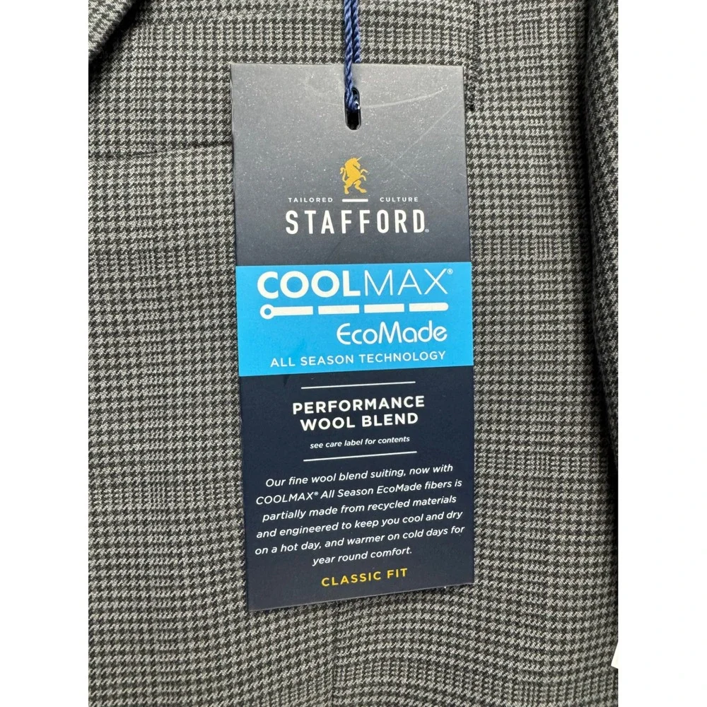 Stafford CoolMax EcoMade Suit Jacket 42R Gray Houndstooth Wool Blend Classic Fit